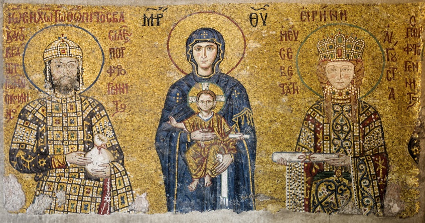 John II Comnenus and Irene   Byzantine Emperor and Empress  ca 1143  reigned 1118-1143   The Comnenus Mosaic Hagia Sophia  Istabul